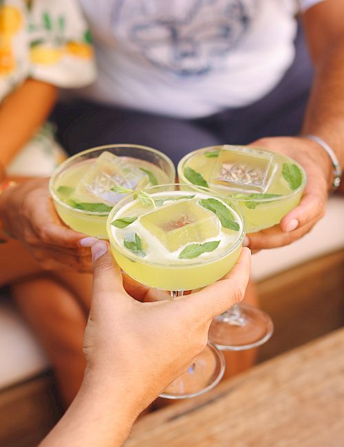 Friends clink glasses of pale green mint-lime spritz with ice and leafy garnish on a cozy couch.