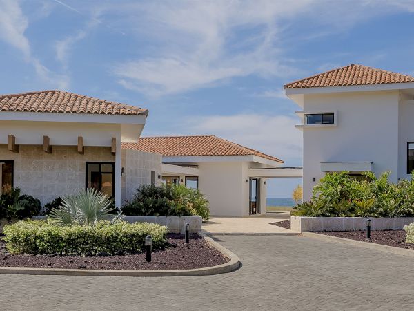 A modern white villa with terracotta roof, landscaped garden with palms, and an ocean view under a clear blue sky.