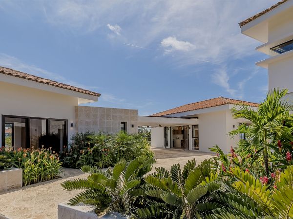 A modern house courtyard with a tiled walkway, large windows, and lush tropical plants under a bright blue sky.