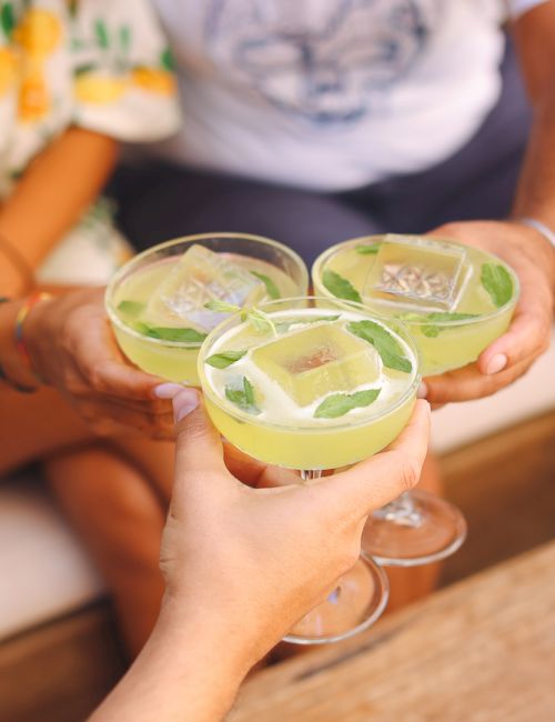 Friends clink glasses of refreshing minty lemonade with ice and lime in the sunlit kitchen.