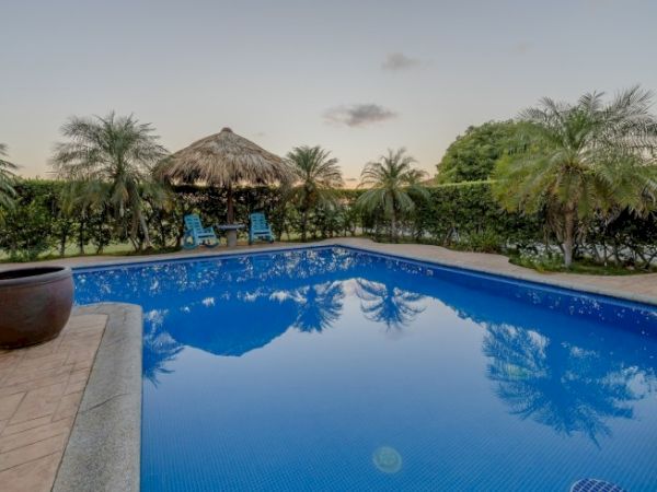 An outdoor blue swimming pool surrounded by palm trees and a thatched-roof hut under a clear sunset sky.
