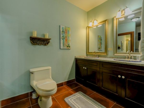 Bright bathroom with toilet, dark vanity, two gold-framed mirrors, wall art, and patterned rug.