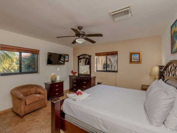 A bright hotel bedroom with a large bed, ceiling fan, wall art, dresser, TV, and windows letting in daylight.