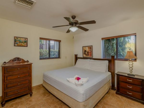 A bright bedroom with a king-size bed, ceiling fan, dressers, framed art, and windows with blinds.