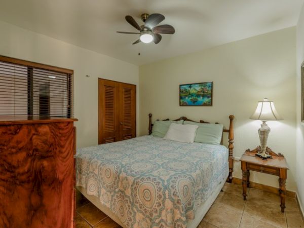 A tidy bedroom with a bed, ceiling fan, nightstand lamp, framed wall art, and a window with blinds.