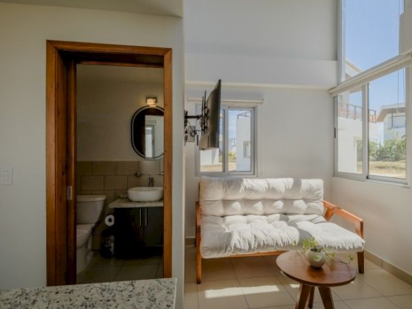 Bright modern studio with a white sofa-bed, big windows, and an open door to a small bathroom.