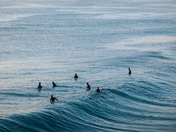 Several surfers paddle in open ocean waves under a hazy sky, waiting for their next ride.
