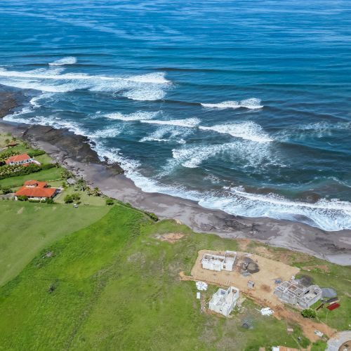 Aerial view of a green beachfront estate with red-roof homes along a rocky shore as waves break on the coast.